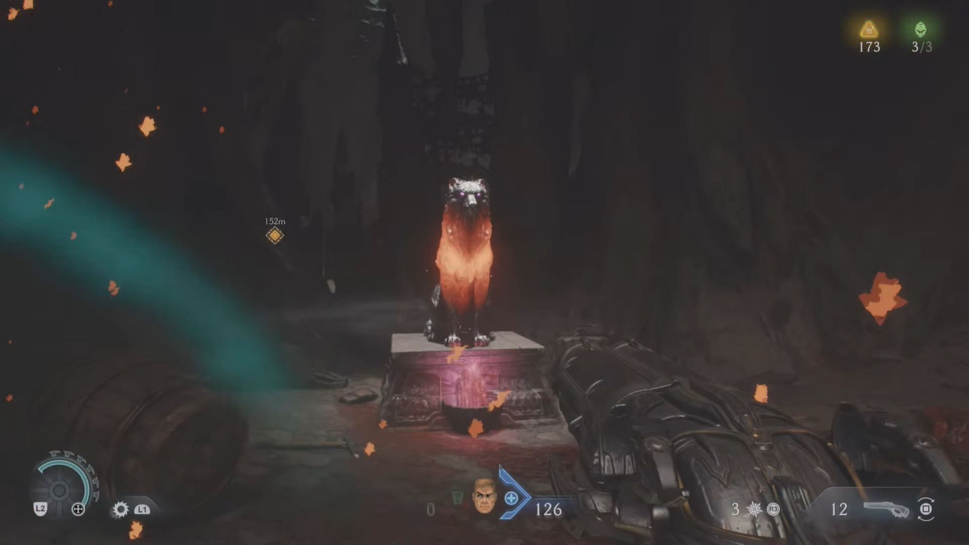 Dog statue in the hidden area in chapter 9 (Image via Bethesda Softworks)